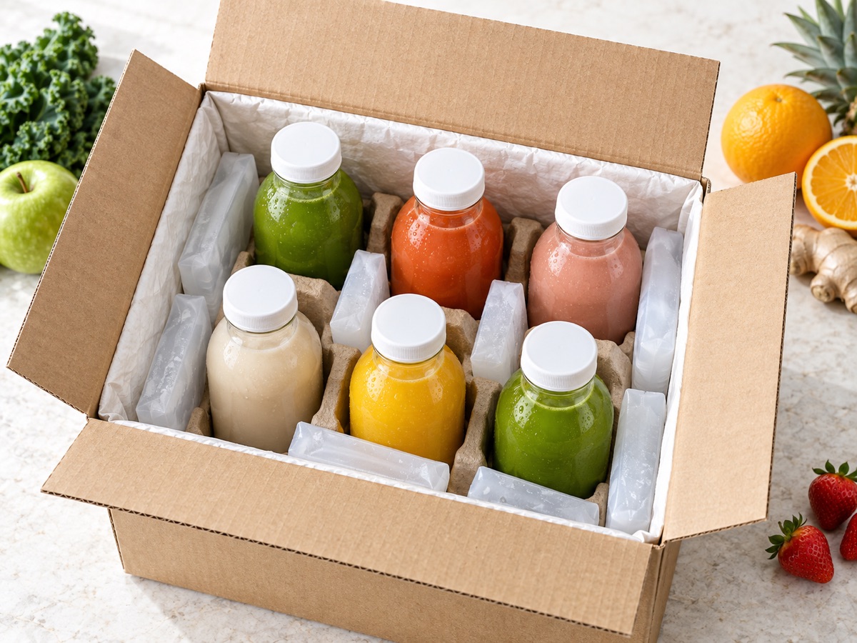Cold-pressed juice packed for shipping