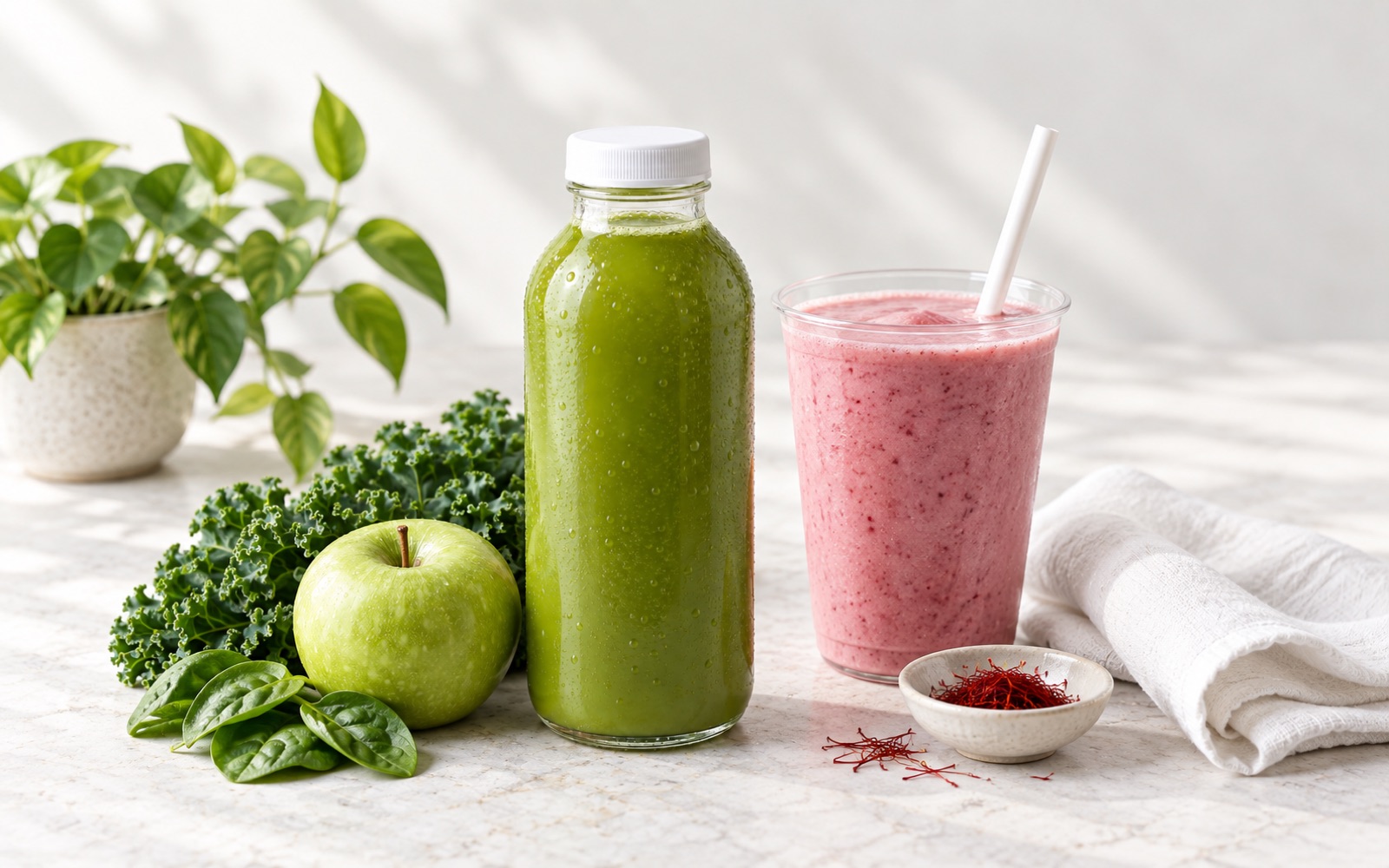 Green juice and a berry smoothie