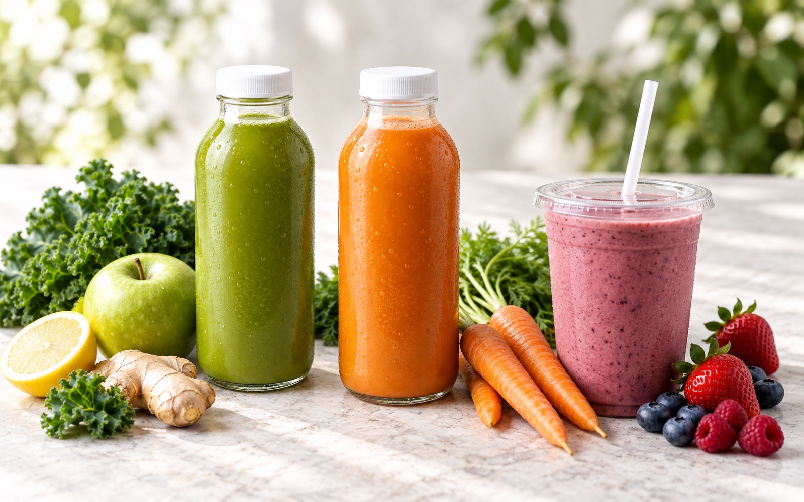 Fresh juices and a berry smoothie